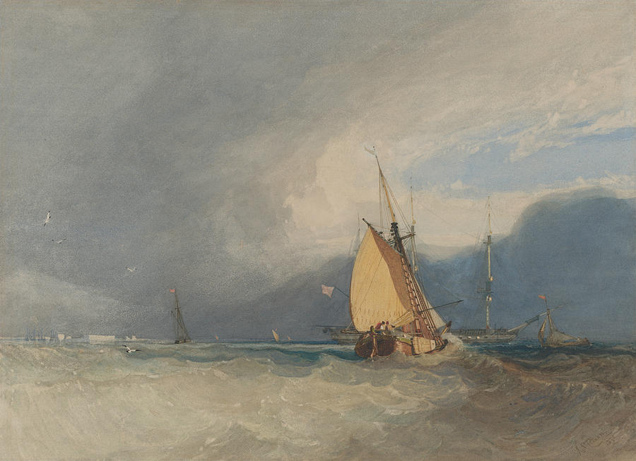 Boats off the Coast, Storm Approaching Drawing by John Sell Cotman