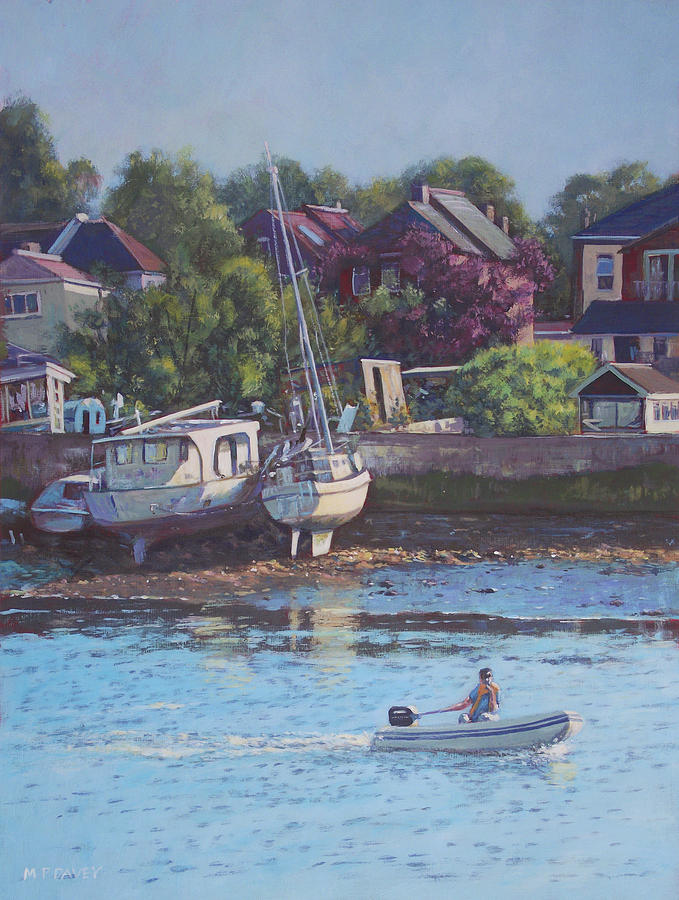 Boats on Riverside Park Bank Painting by Martin Davey