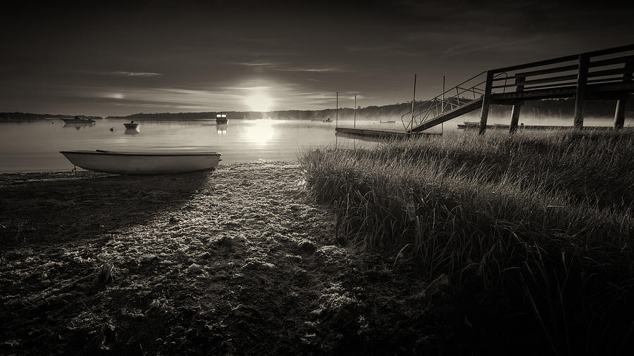 Boats On The Cove At Sunrise In The Fog - Black and White Photograph Photograph by Darius Aniunas
