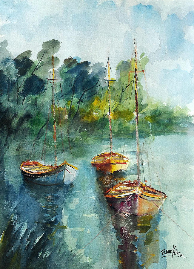 Boats On The Lake Painting by Faruk Koksal