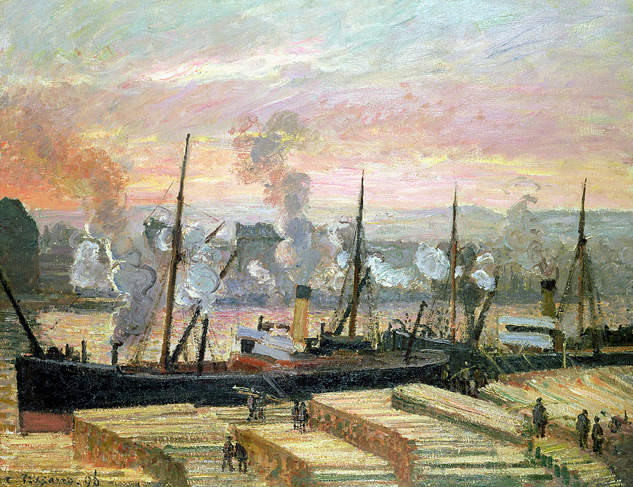 Boat Painting - Boats Unloading Wood by Camille Pissarro