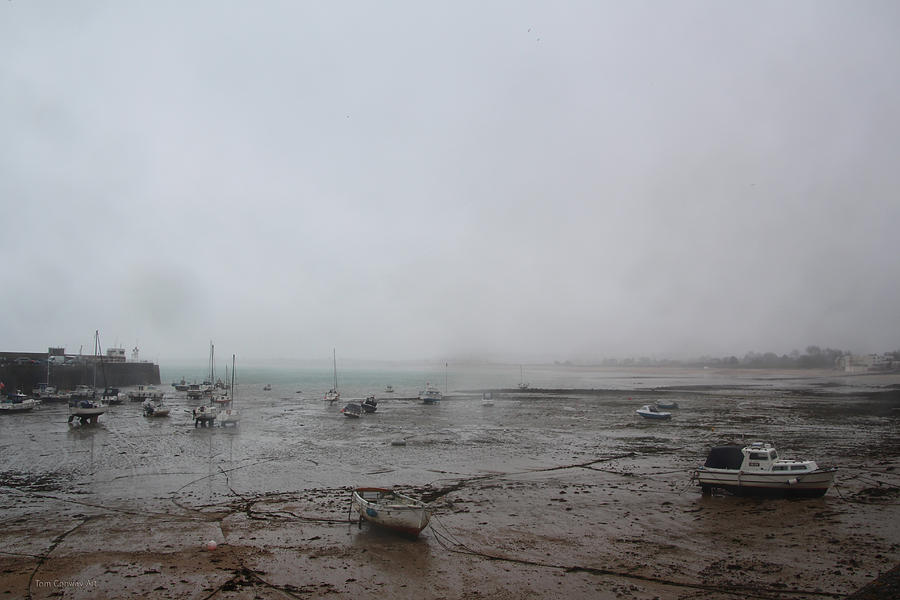 Boats with Light Rain at Low Tide Photograph by Tom Conway
