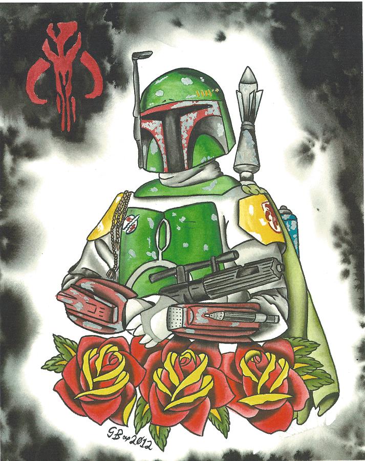 Tattoo Painting - Boba Fett with Traditional Roses by Scott Bohrer.