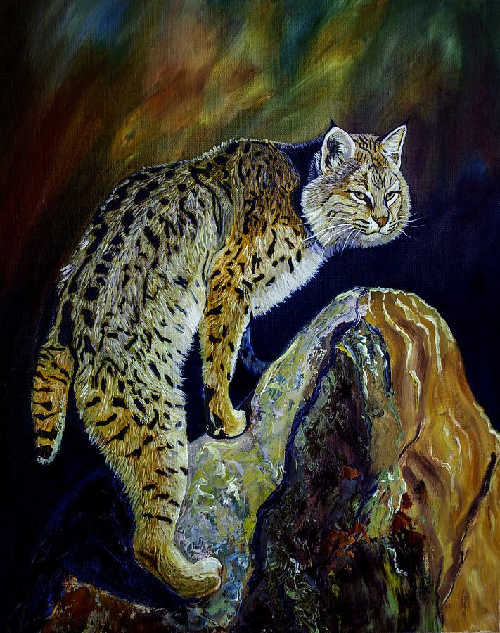 Yellowstone National Park Painting - Bobcat At Sunset Original Oil Painting 16x20x1 Inch On Gallery Canvas by Manuel Lopez