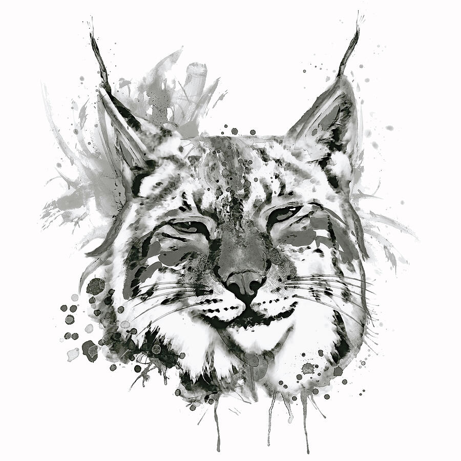 Bobcat Head Black and White Painting by Marian Voicu