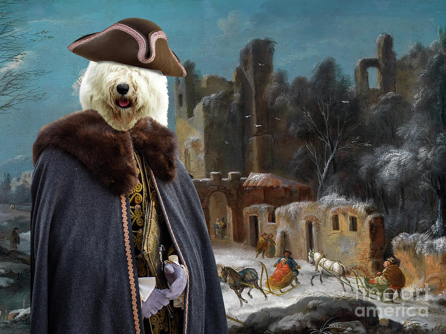 Bobtail - Old English Sheepdog Art Canvas Print - A winter landscape with travellers Painting by Sandra Sij