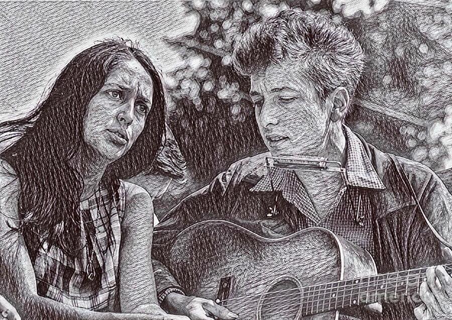 Bod Dylan and Joan Baez drawing Drawing by Pd Pixels