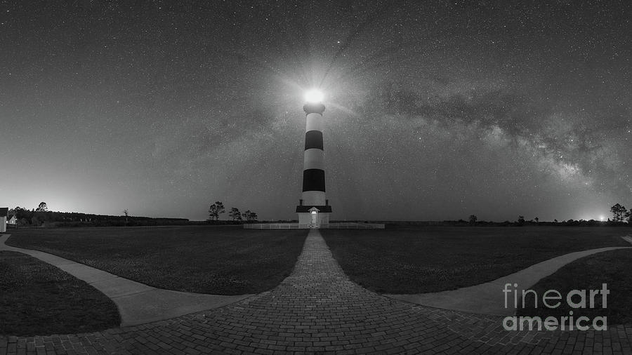 Bodie Island Light Milky Way Pano BW Photograph by Michael Ver Sprill