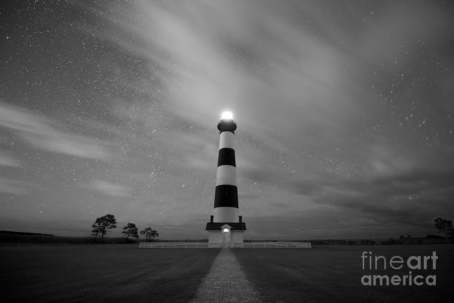Bodie Island Lighthouse Dreamy Night BW Photograph by Michael Ver Sprill