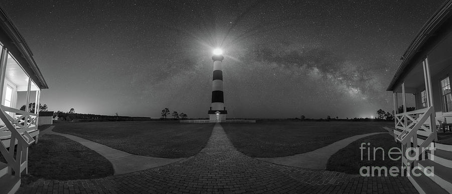 Bodie Island Lighthouse Milky Way Pano BW Photograph by Michael Ver Sprill
