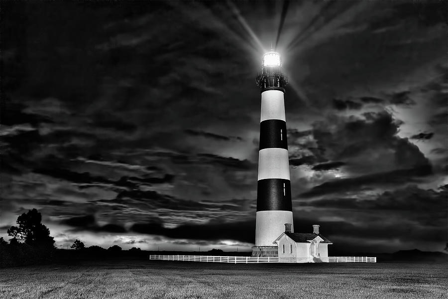 Bodie Lighthouse in a Thunderstorm BW Photograph by Dan Carmichael