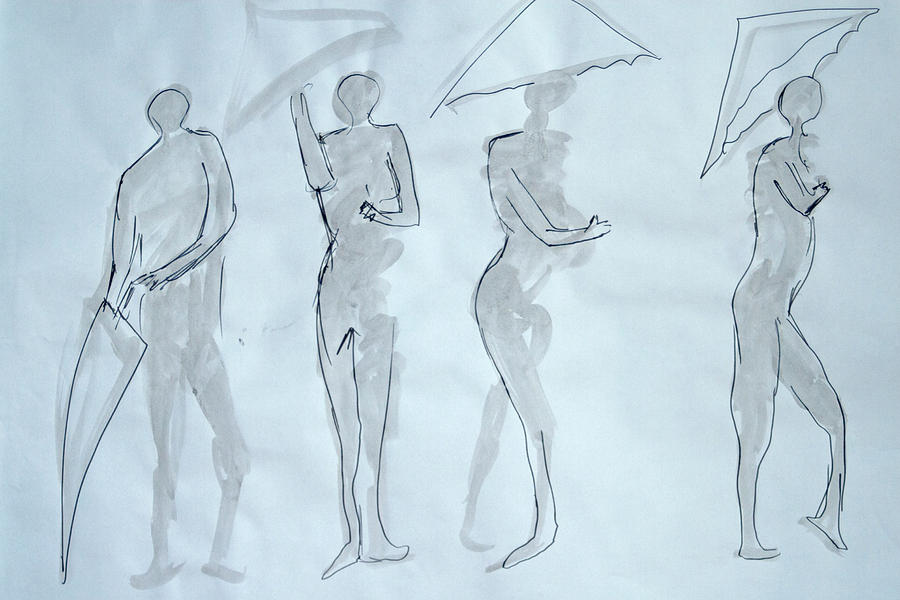 Pen And Ink Drawing - Body Sketches with umbrella by Martin Valeriano