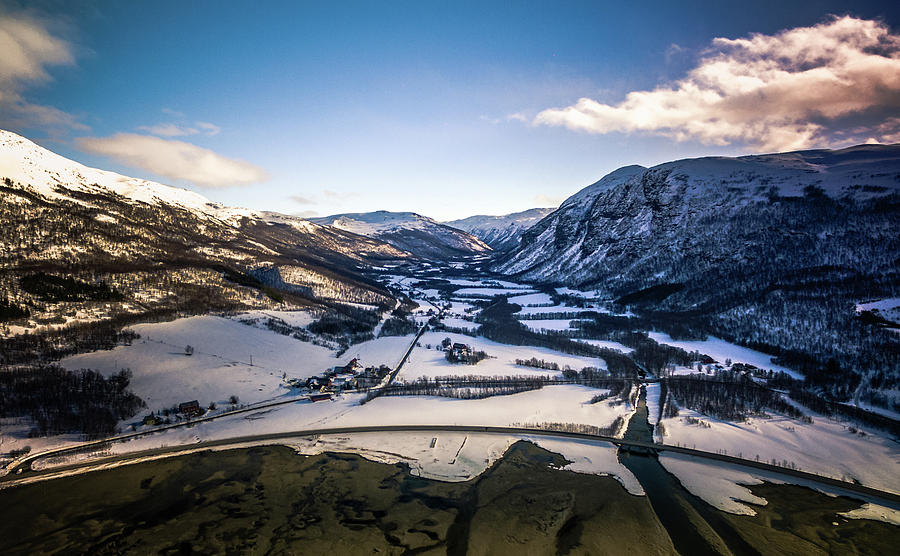 Bognelva River and Village at the Langfjorden Aerial Norway Photograph by Adam Rainoff
