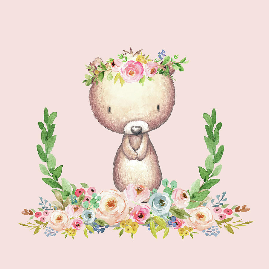 Bear Digital Art - Boho Bear Blush Nursery Pillow Wall Art Mug Woodland Decor by Pink Forest Cafe