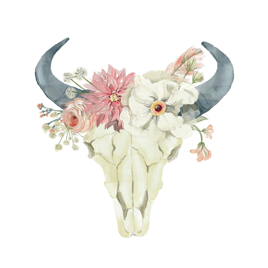 Bull Digital Art - Boho Bull Skull Watercolor Floral Anemone Tribal Decor b...