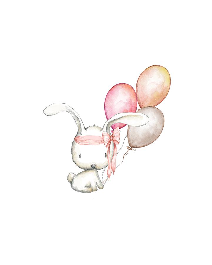 Rabbit Digital Art - Boho Bunny With Balloons by Pink Forest Cafe