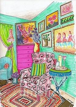 Boho Chic -- Colorful Interior Scene Drawing by Jayne Somogy