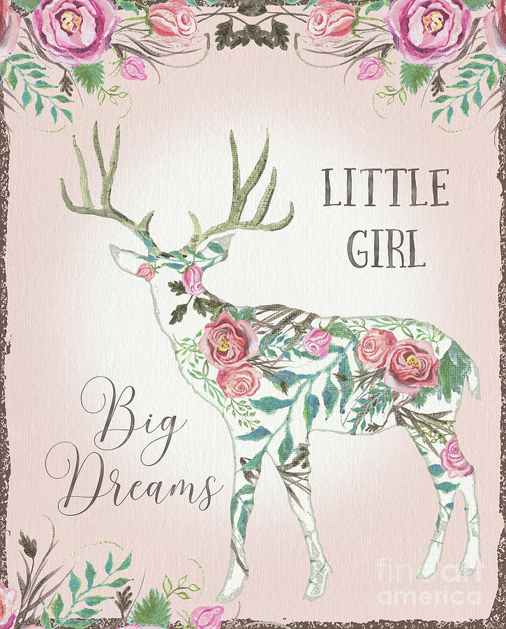 BOHO Deer Silhouette Rose Floral Little Girl Big Dreams Painting by Audrey Jeanne Roberts