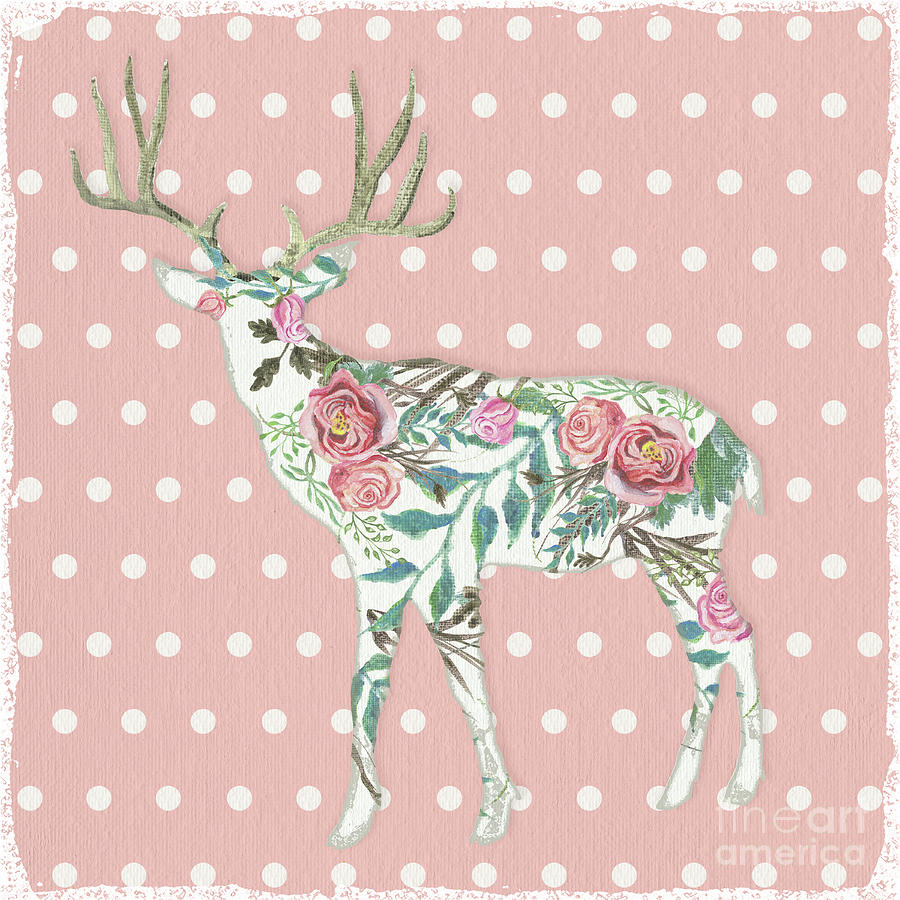 BOHO Deer Silhouette Rose Floral Polka Dot Painting by Audrey Jeanne Roberts