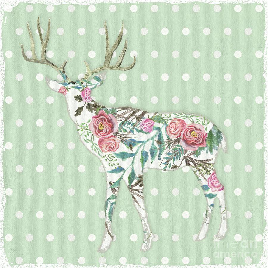 BOHO Deer Silhouette Rose Floral Polka Dot Sage Green Painting by Audrey Jeanne Roberts