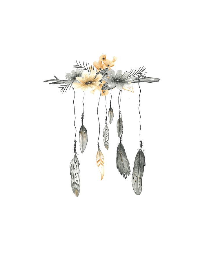 Feather Digital Art - Boho Feathers Floral Branch by Pink Forest Cafe