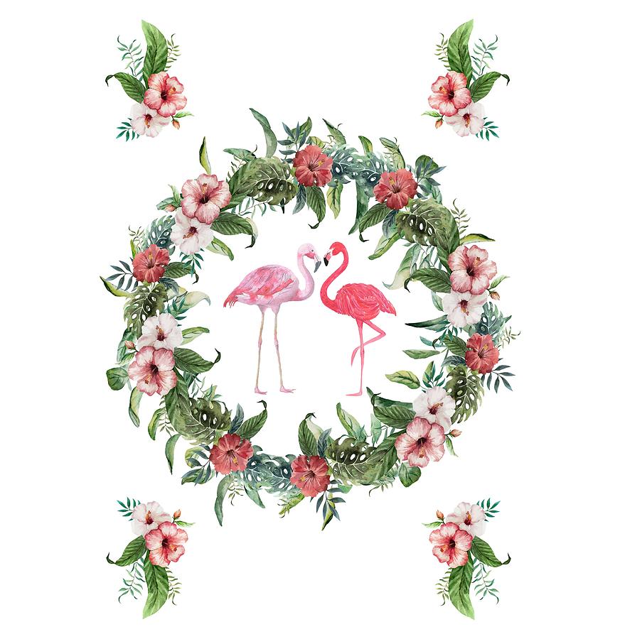 Boho Floral Tropical Wreath Flamingo Digital Art by Georgeta Blanaru