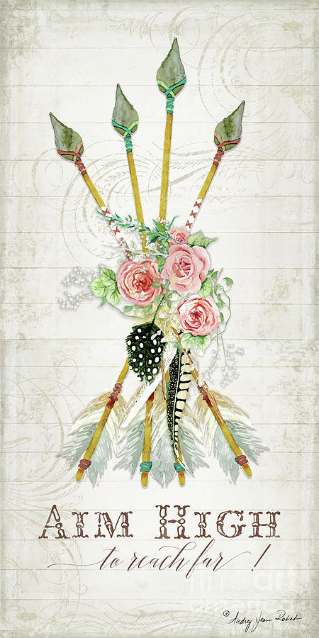 Boho Western Arrows n Feathers W Wood Macrame Feathers and Roses Aim High Painting by Audrey Jeanne Roberts