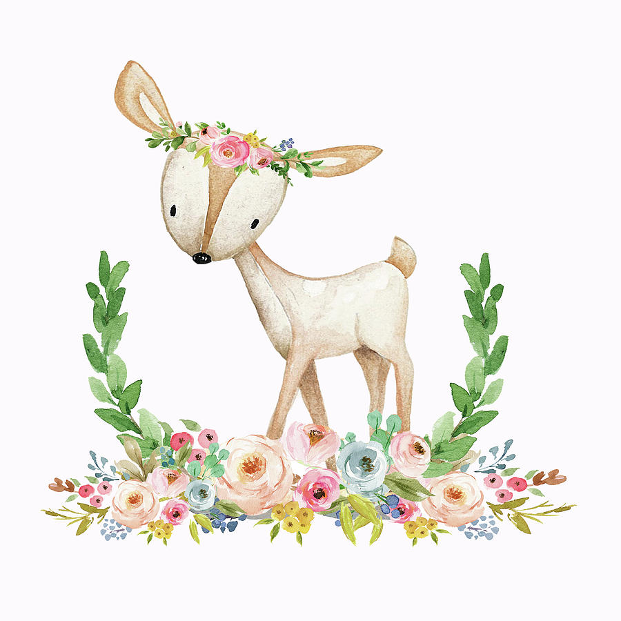 Deer Digital Art - Boho Woodland Baby Nursery Deer Floral Watercolor Print by Pink Forest Cafe