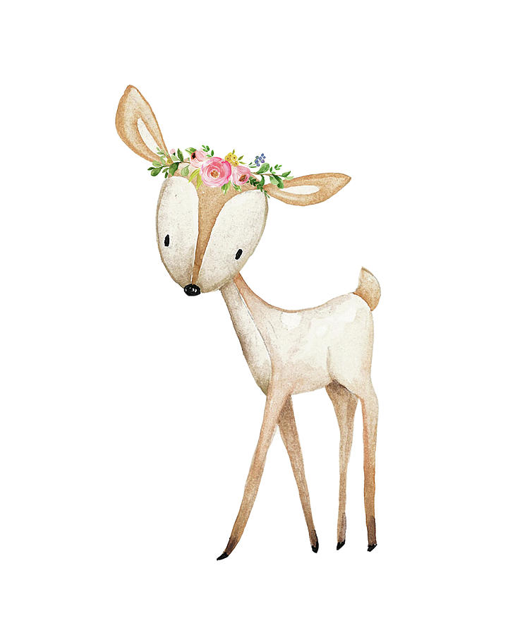 Deer Digital Art - Boho Woodland Deer Watercolor Floral Decor by Pink Forest Cafe