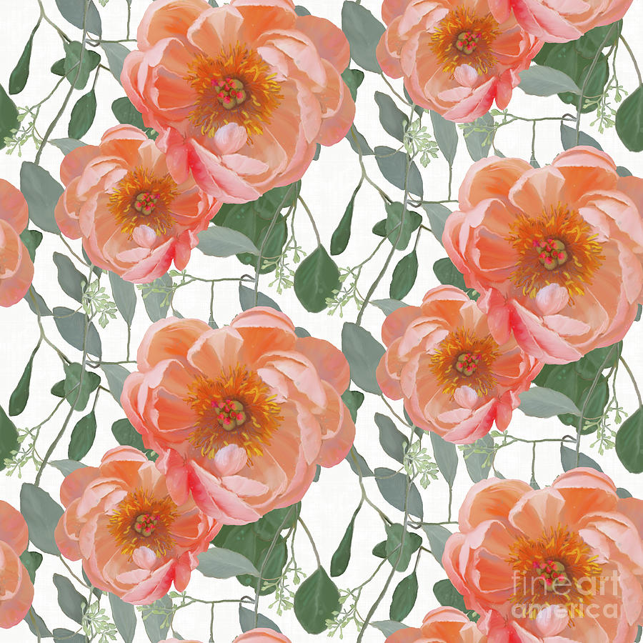 Bold Peony Seeded Eucalyptus leaves Repeat Pattern Painting by Audrey Jeanne Roberts