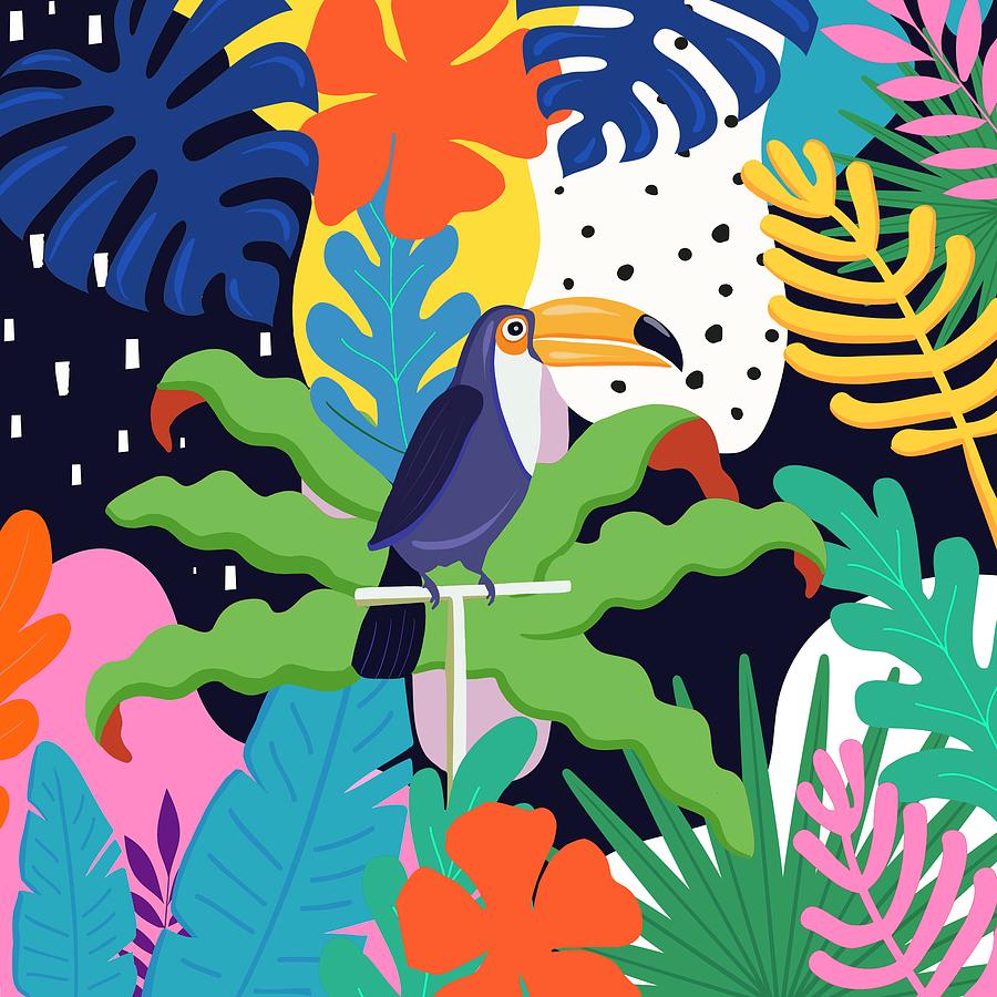 Bold Tropical Jungle Abstraction With Toucan Memphis Style Painting by ...