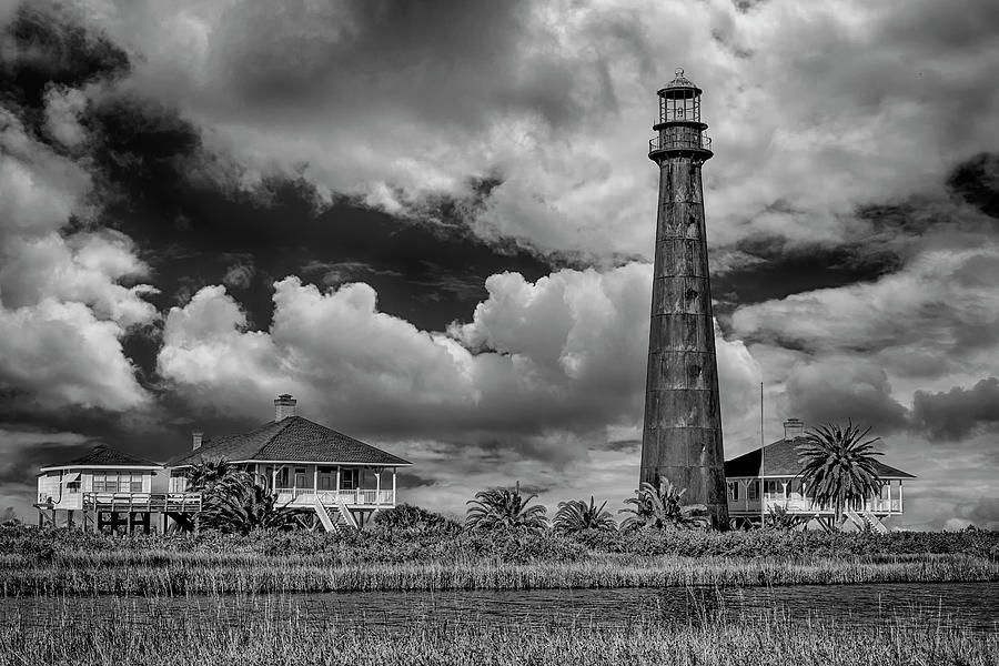 Bolivar Point Lighthouse with Clouds BnW DSC02923  Photograph by Greg Kluempers