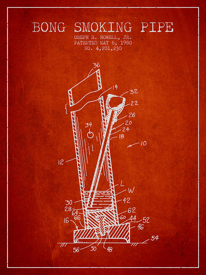Vintage Digital Art - Bong Smoking Pipe Patent 1980 - Red by Aged Pixel