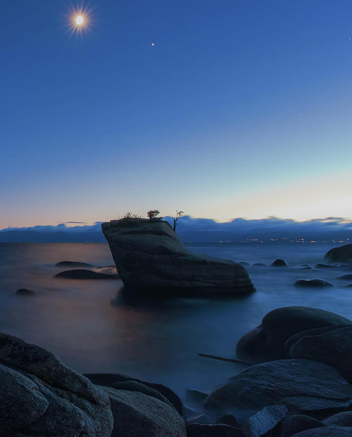 Bonsai Rock Lake Tahoe Long Exposure Summer Moonrise with Stars, Reflections and Clouds Photograph by Brian Ball
