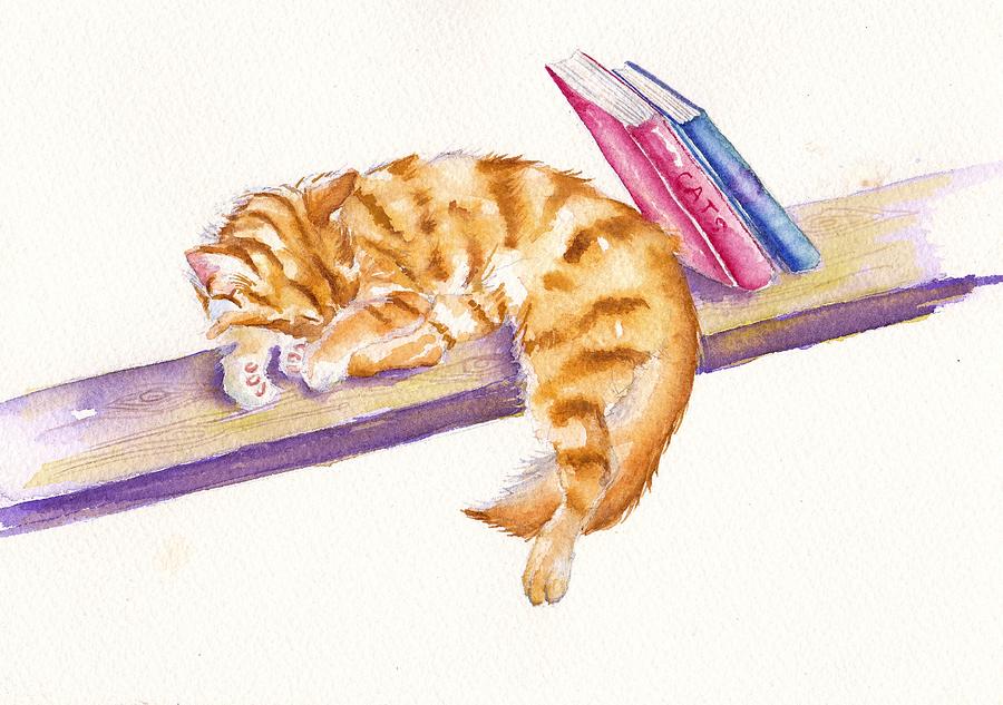 Bookend - Sleeping Kitten Painting by Debra Hall
