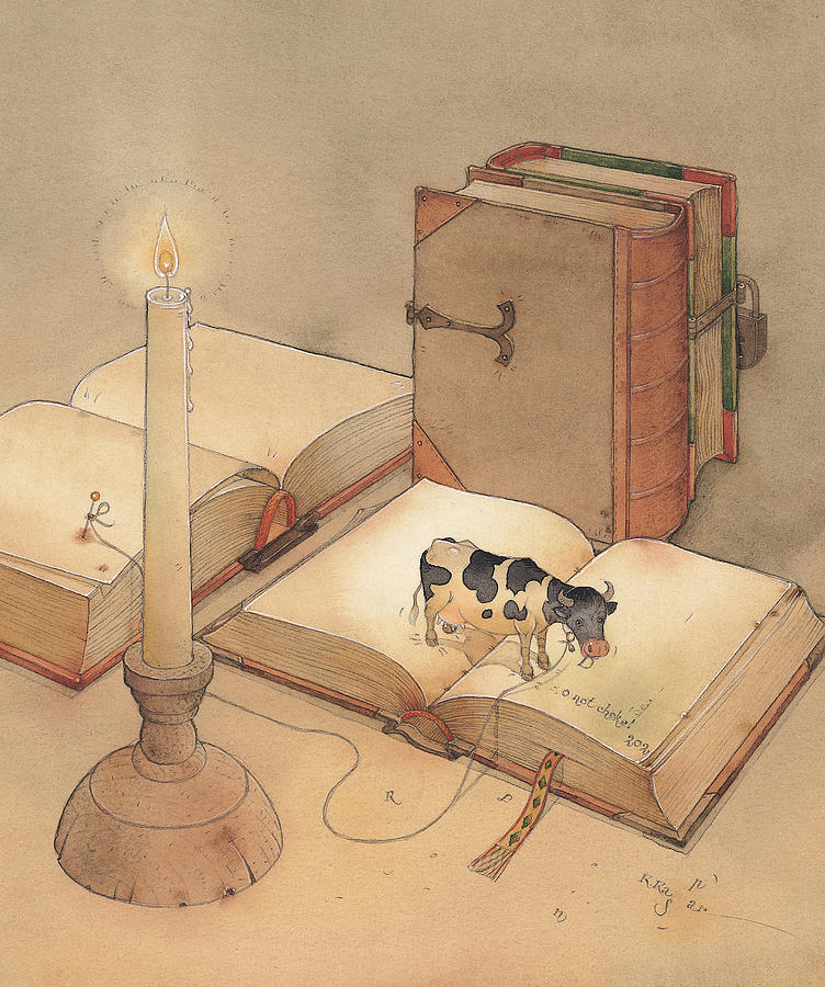 Bookish Cow Painting by Kestutis Kasparavicius