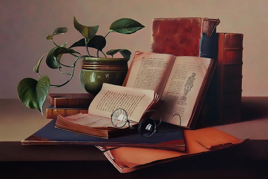 Book Painting - Books and a plant by Aniko Vida