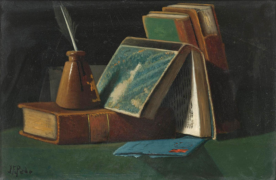 Books and Inkwell Painting by John Frederick Peto