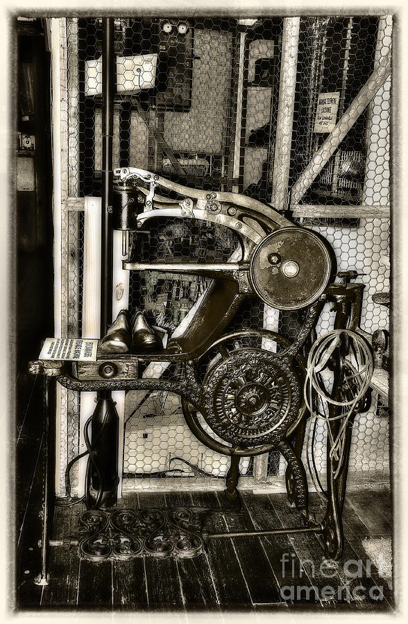 Black And White Photograph - Bootmakers Antique Treadle Machine by Kaye Menner by Kaye Menner