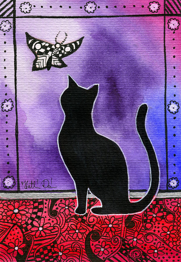 Borboleta - Black Cat Card Painting by Dora Hathazi Mendes
