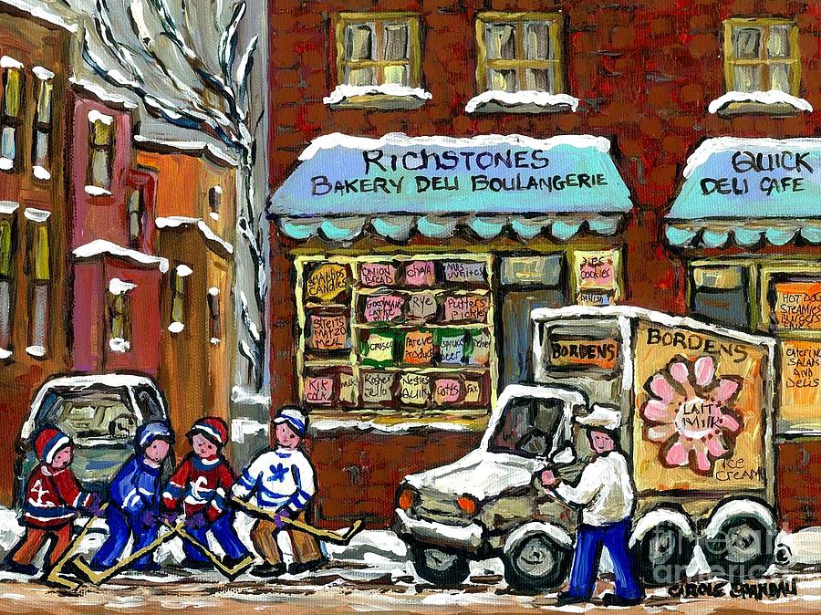 Hockey Painting - Bordens Milkman Delivery Truck At Richstones Bakery Montreal Hockey Paintings Best Canadian Art  by Carole Spandau