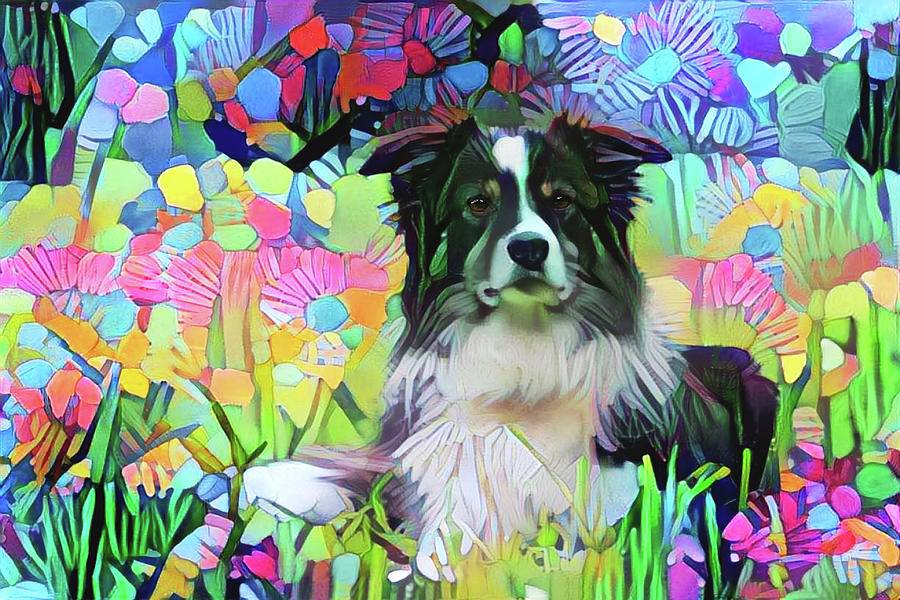 Border Collie in Field of Flowers Digital Art by Peggy Collins