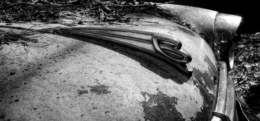Borgward Isabella Hood Ornament In Black and White Photograph by Greg and Chrystal Mimbs