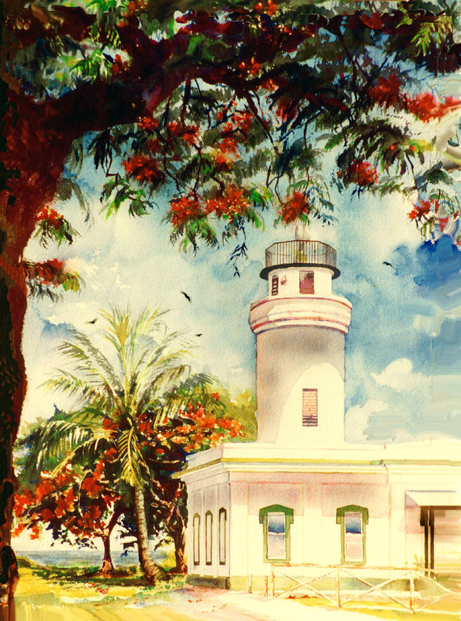 Transparent Watercolor Painting - Borinquen Lighthouse Aguadilla Puerto Rico by Estela Robles