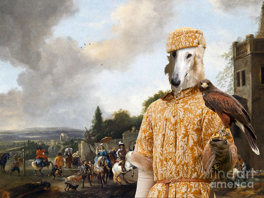 Borzoi - Russian Wolfhound Art Canvas Print - Setting off on a falcon hunt  Painting by Sandra Sij