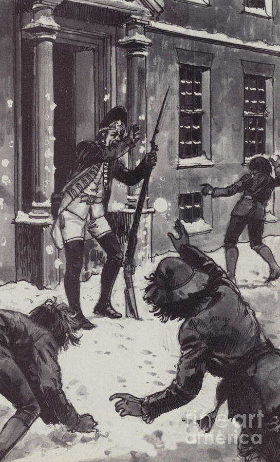 Boston Painting - Boston 1770, boys pelting a British sentry with snowballs by English School
