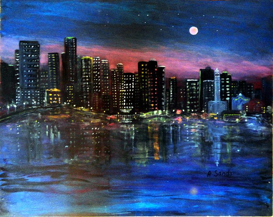 Boston at Night Painting by Anne Sands