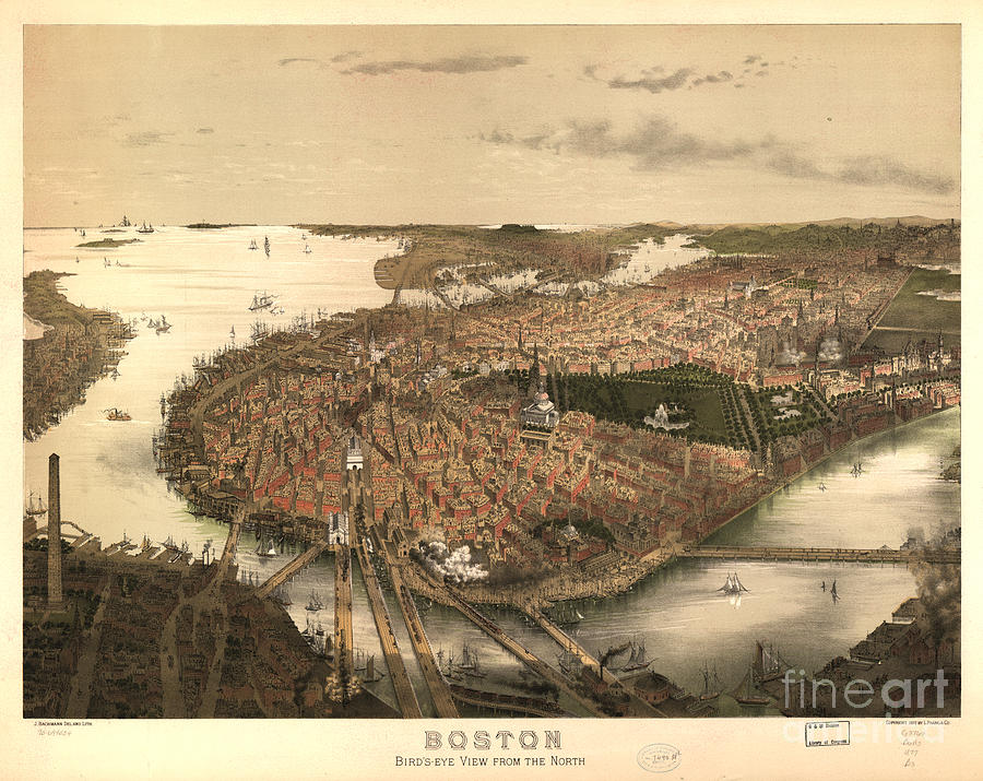 Boston birds-eye view from the north Drawing by Edward Fielding