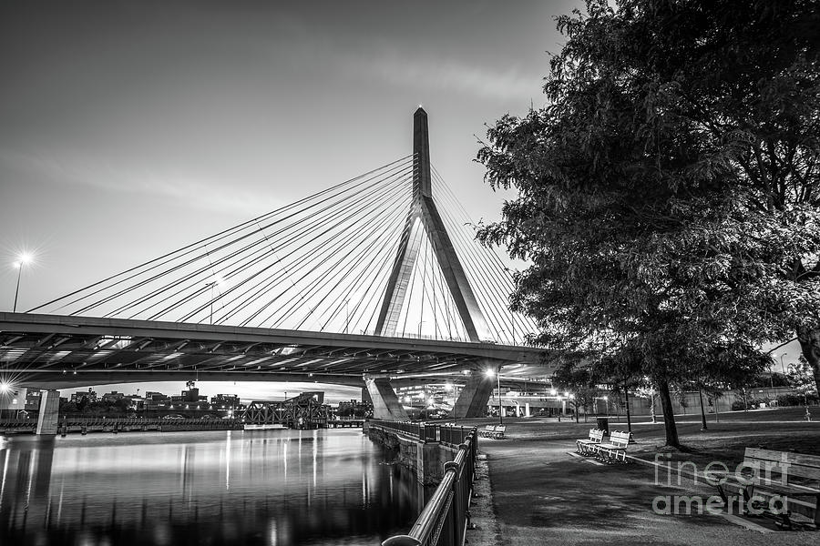 Boston Bunker Hill Bridge at Night Black and White Picture Photograph by Paul Velgos