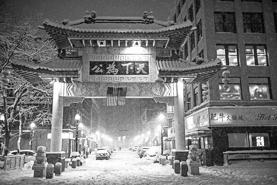 Boston Chinatown Gate during Snowsstorm Skylar Boston MA Black and White Photograph by Toby McGuire